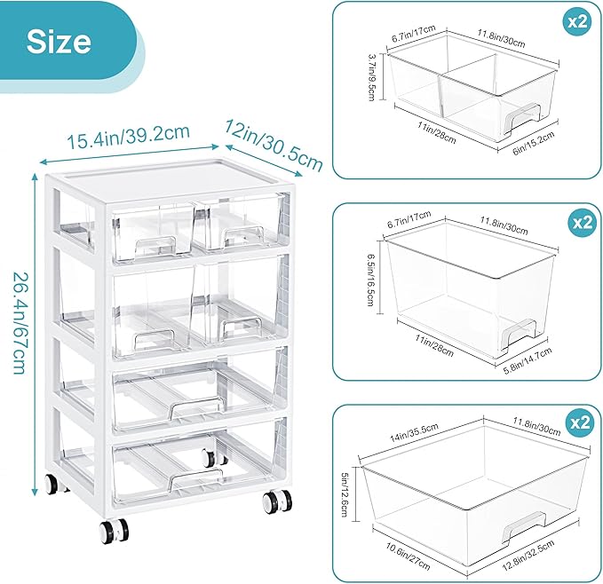 Vtopmart Plastic Drawer Storage Orangizer, 4 Tier 6 Drawers with Wheels for Office Supplies, Art Crafts, Under Desk Storage for Office, Bathroom, Dresser, 1 Pack/Clear