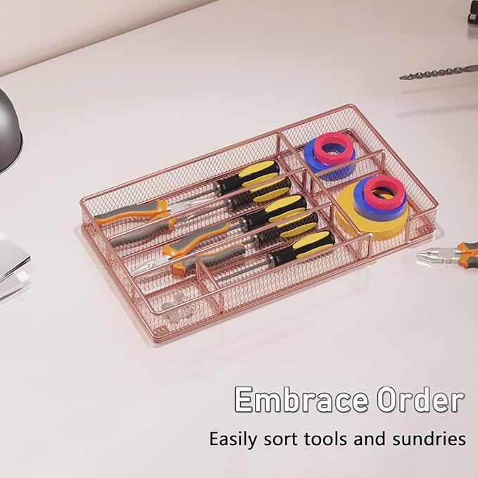 Desk Drawer Organizer Tray, Mesh Desk Organizer, Office Drawer Organizer, Desk Accessories & Workspace Organizers, Suitable for Tools, Pencils, Office Supplies Storage (Rose Gold)