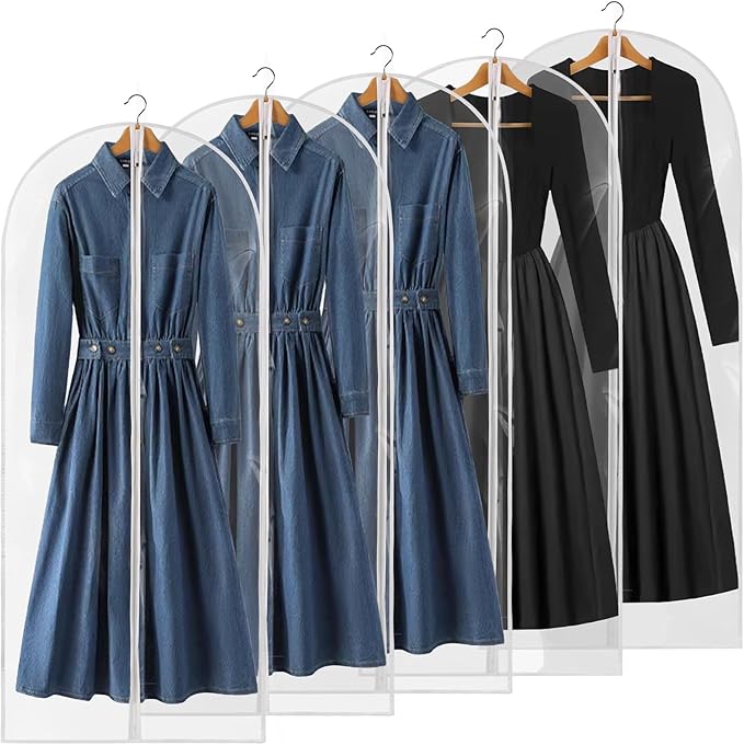 55" All Clear Garment Bags for Hanging Clothes, 5 Packs Dress Bags for Gowns, Plastic Waterproof Garment Covers with Zipper for Long Coats, Dresses, Trench (Set of 5)