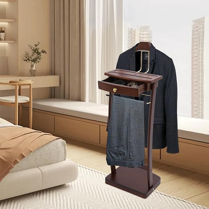 Wooden Freestanding Clothes Stand with Sturdy Base, Multi-functional Suit Valet Stand, Coat Rack with Top Drawer, Tie Hangers, and Storage Compartments for Office, Bedroom, Living Room (Walnut Color)