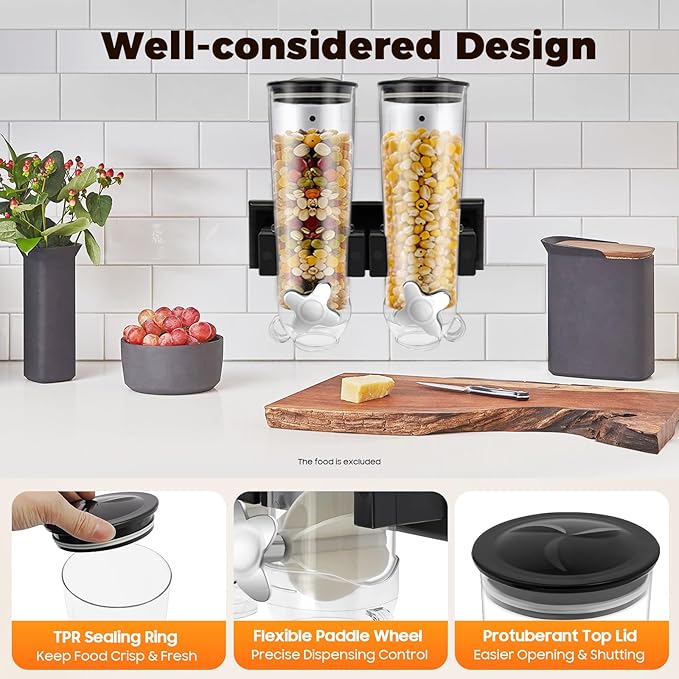 2 Pack Cereal Dispensers,Wall Mounted Dry Food Dispenser,Large Capacity Candy Dispenser,Grain Storage Dispenser,Rice Dispenser w/Cup for Kitchen Storage Oatmeal Snack Coffee Beans Nuts 3L (Black)