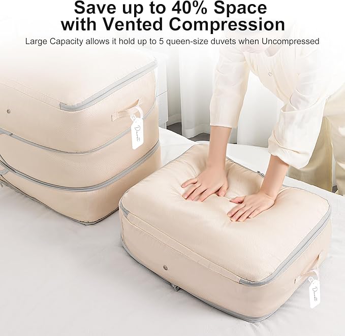 Comforter Storage Bag - Large Capacity Blanket Storage Bags 3-Layer Ultra Space Saving Self Compression Organizer, Washable Compression Bags for Storage Comforter Blanket, 8-Pack, Beige