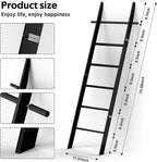 Farmhouse Wooden Blanket Ladder with Removable Hooks, 6-Tier Rustic Blanket Rack Decorative Stand, Leaning Towel Quilt Display Holder Storage for Bathroom Living Room Decor Black