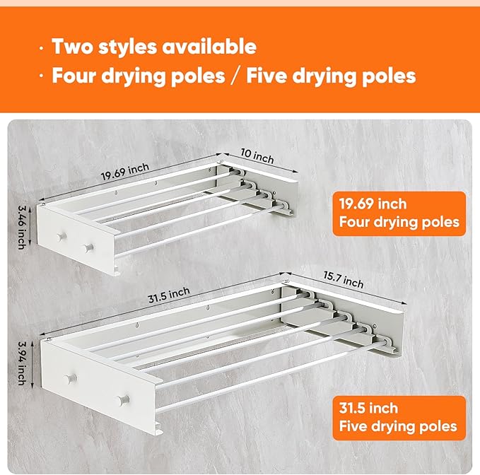Clothes Drying Rack 31.5 inches Foldable Wall Mount Laundry Rack Folding Indoor Drying Rack Clothing Collapsible Hidden Space Saver with Wall Template 5 Rods White