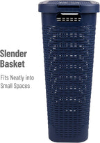 Mind Reader Slim Laundry Hamper with Lid, 40L Clothes Basket, Premium Wicker Design, Plastic, Navy