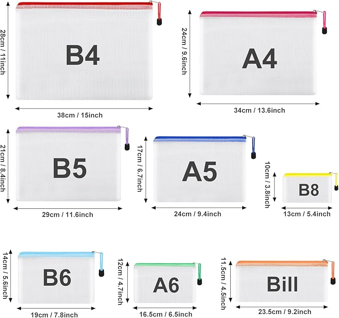 EOOUT 8pcs Mesh Zipper Pouch - 8 Sizes Waterproof Zipper Bags, 8 Colors Waterproof Plastic for Travel Storage, Office Appliances