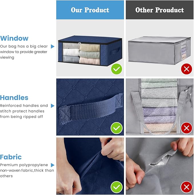 HomeHacks Storage 8-Pack Clothes Organizer Storage Bags Foldable Storage Box with Large Clear Window Sturdy Handles for Closet, Dorm, Pillows, Bedding, Clothes, Blankets, 35L, Blue