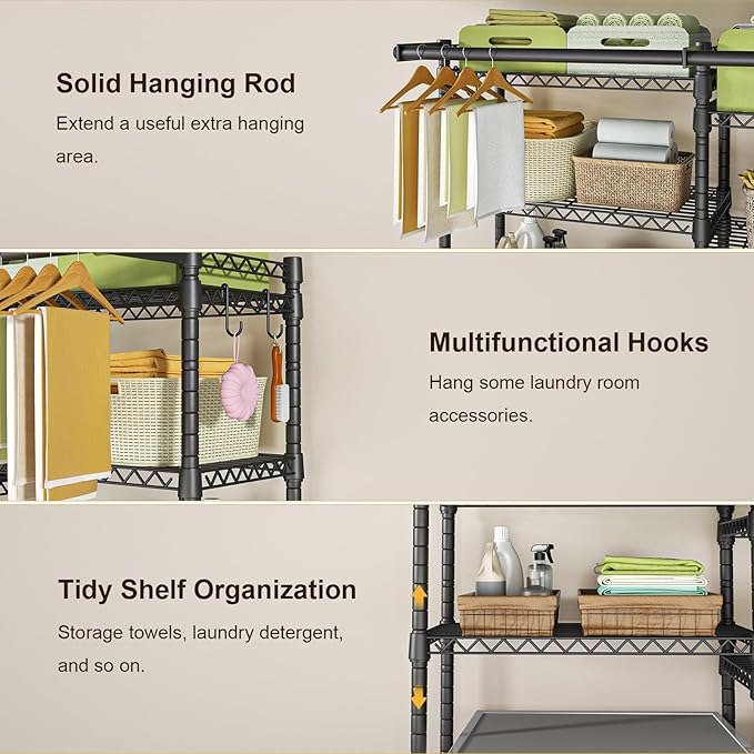 Ulif U13 Medium Over Washer and Dryer Storage Shelves, 6 Tiers Laundry Room Standing Shelf with 2 Hanger Rods, Space Saver Clothes Drying Rack, 57.8" W x 22" D x 77.4" H, Black