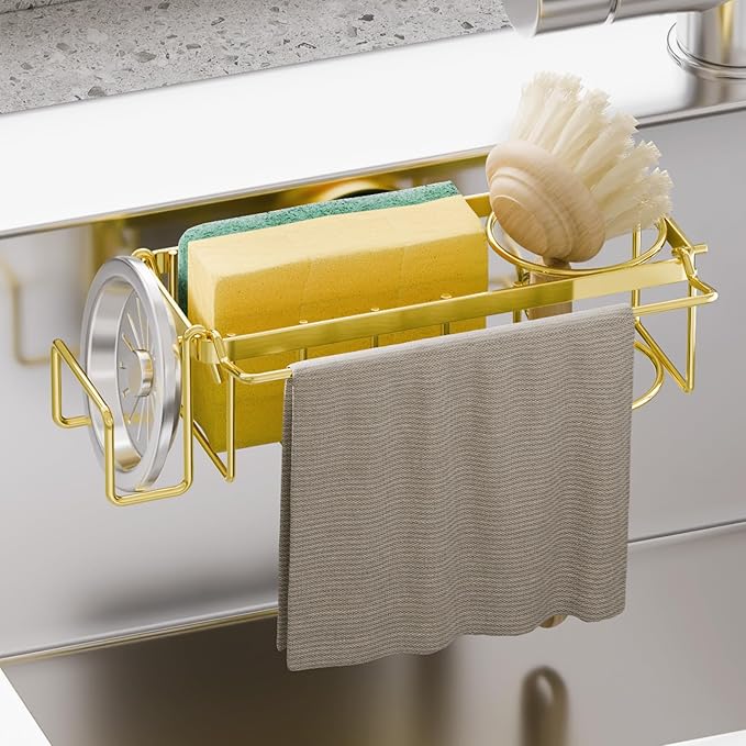 TAILI Sponge Holder with Strong Suction Cup, 4-in-1 Rustproof Sink Organizer - Sink Caddy Holds Sponges, Brushes, Stoppers & Scrapers -Gold