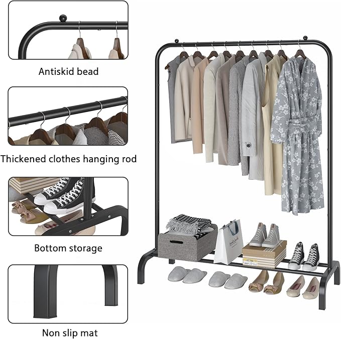 MOYIPIN Metal Clothing Rack, Single Rod Portable Garment Rack for Hanging clothes, Cloths Rack for Bedroom, Balcony 43.31inch, Black