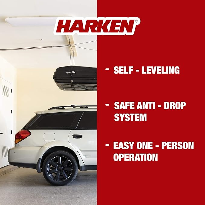 HARKEN Hoister Heavy Cargo Carrier Overhead Garage Storage 4-Point Hoist System for 145lb Carriers, Boxes, Kayaks, Canoes (145lb max load,12ft.Ceiling), Model 7803.12