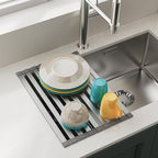 Aluminum Roll Up Dish Drying Rack Over The Sink, 17.7" x 13.4" Rust-Proof Foldable Dish Drainer Mat, Heat Resistant Trivet & Kitchen Sink Cover, Fits Sinks up to 16.8" Wide, Matte Gray