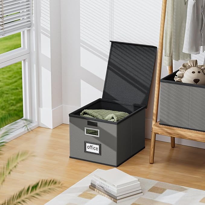 Huolewa Portable Leather File Organizer Boxes with Lids, Office Document Boxes Organizer, Filing Boxes, Decorative Small File Boxes for Hanging Files with Plastic Slide for Office/Decor/Home