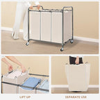 STORAGE MANIAC 3 Section Laundry Sorter, 35.9 Gal (136 L) Laundry Hamper Cart with Heavy Duty Rolling Lockable Wheels and Removable Bags, Clothes Organizer Basket Clothes Separator Hamper, Beige