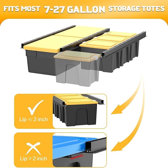 WALMANN Overhead Tote Storage Rail System, Garage Ceiling Bin Storage Rack Heavy Duty Adjustable Tote Slide Rails(Black, Bins are not Included)