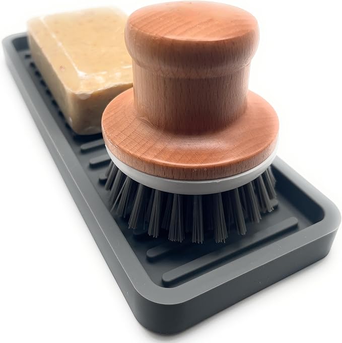 Happitasa Silicone Kitchen Sink Organizer Tray, Sponge Holder and Countertop Protector | Bathroom and Kitchen Soap Dish and Dispenser Tray (Grey, 9"x3.5", 5.6 Ounces)