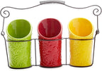 Kitchen Utensil Holder Set (4 Pieces) - 3 Ceramic Crocks & 1 Portable Wire Caddy - Multi-Color