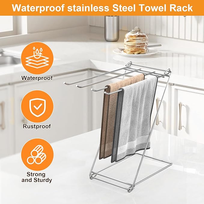 Kitchen Towel Holder Stand, 4-Arm Dish Towel Holder Countertop Towel Drying Rack for Bathroom, Free Standing Hand Towel Stand Washcloth Dish Cloth Drying Rack, Z-Shaped Folding Hanging Towel Bar Stand