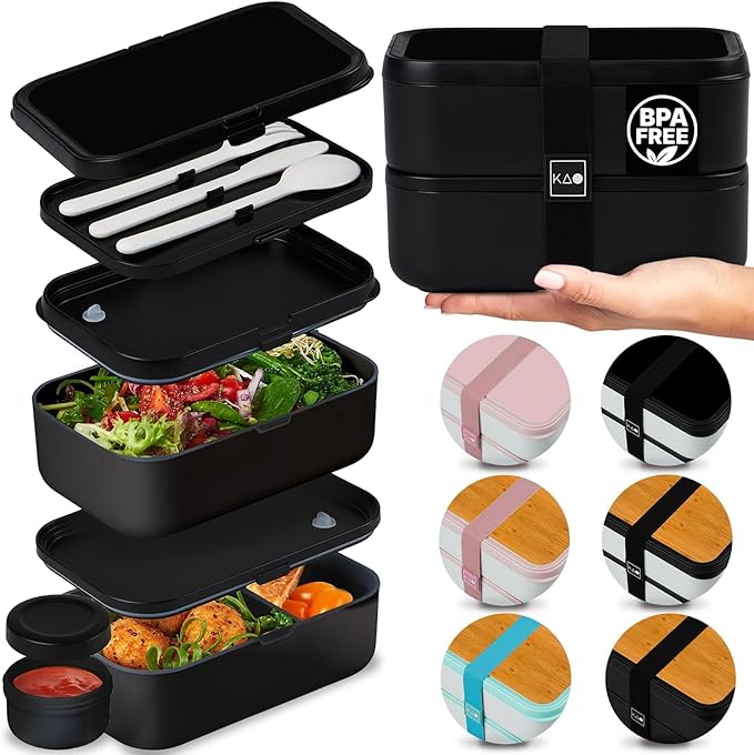 Double Premium Bento Box Adult, 67 fl oz BPA-Free - Black Stackable Lunch Box with Leak-Proof Lids & Dividers, Perfect for Meal Prep, Lunches & Portion Control