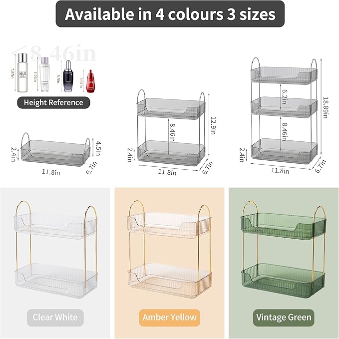 2 Tier Bathroom Organizer Countertop Makeup Perfume Tray Skincare Organizer for Bathroom Dresser Vanity (Grey)