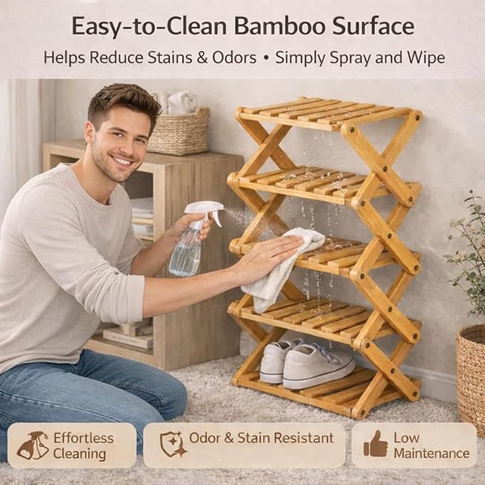 DDRIC The 9-Tier No-Assembly Bamboo Rack, Foldable 9 Tier Bamboo Shoe Rack with Collapsible Vertical Design, Space-Saving Shoe Storage Shelf for Entryway Closet Dorm, No-Tool Assembly (Brown,4)