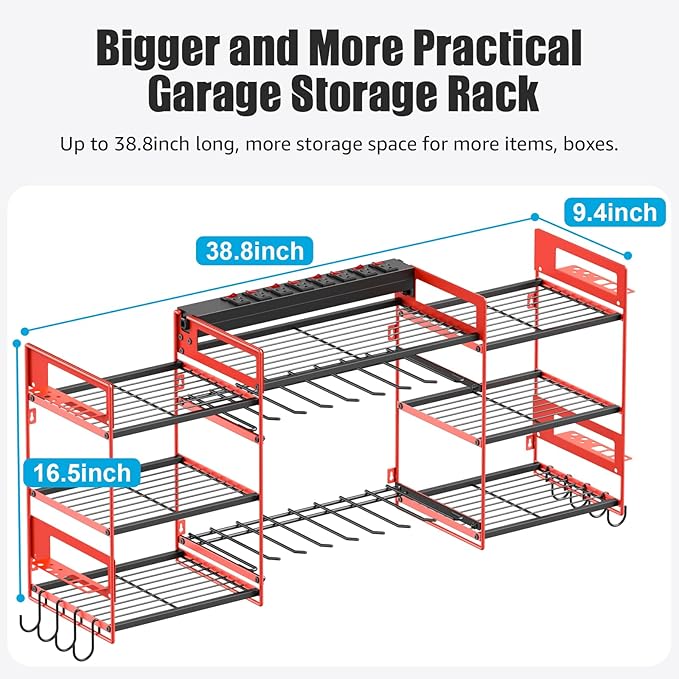 CCCEI Red Power Tool Organizer Wall Mount, Large Tools and Battery Storage Rack Charging Station Individual Switches. Drills Holder, Garage Utility Shelves with 6FT Power Strip. Gift for Men.