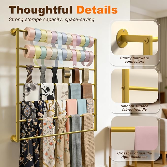 Wall Mounted Scarf Rack, Gold Silk Scarves Hijab Hanger Organizer Metal Racks Wrapping Tissue Paper Ribbon Holder Towels Storage Display for Flower Shop Retail Store (Gold, 5T-27.6×23.6IN)