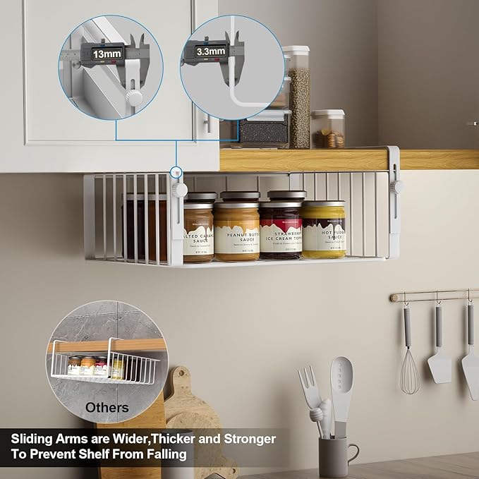 2Pack Under Shelf Basket Organizer,Adjustable Hanging Holder Storage for Cabinet Pantry Kitchen Cupboard Desk Counter Bookshelf Organization Add-on Space Saver Heavy Duty Slide-in,White