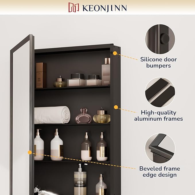 Keonjinn Black Medicine Cabinet Mirror 24" x 32", Assembly Needed, Recessed Medicine Cabinet with Mirror for Bathroom, Beveled Framed, Surface Wall-Mounted or Recessed, Tempered Glass