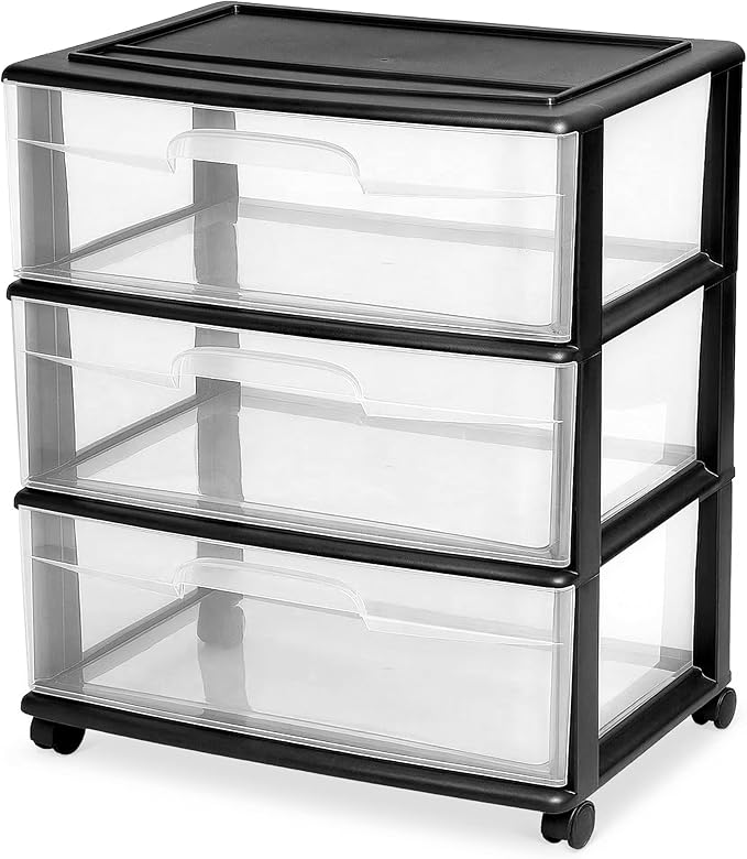 HOMZ Drawer Tower, 3-Tier Wide Clear Plastic Storage Organizer Cart, Black Frame - Organizing Containers with Wheels for Home, Bathroom, Bedroom, Office, and Classroom