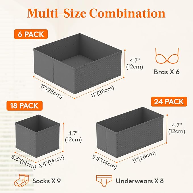 Lifewit Drawer Organizer Clothes for Closet 48 Pack, 3 Sizes Underwear Wardrobe Drawer Dividers, Fabric Foldable Dresser Storage Organizer Bins for Sock/Bra/Lingerie/Undies, Gray
