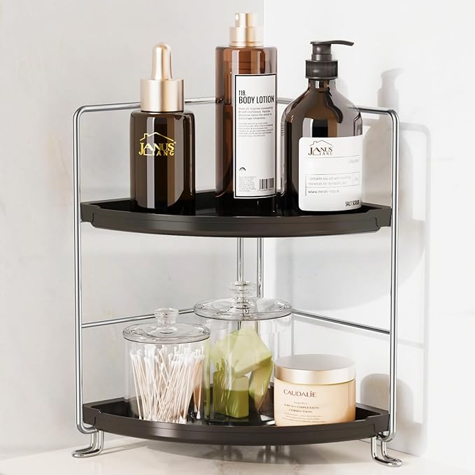 2-Tier Bathroom Organizer Countertop Corner - Makeup Organizer Cosmetic Perfume Holder Bedroom Storage Shelf or Kitchen Spice Rack (Chrome + Black)