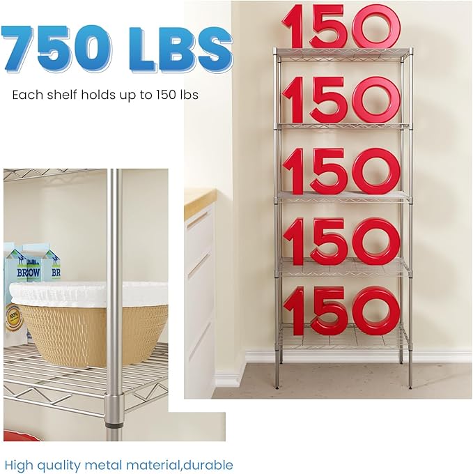 PayLessHere | 5-Tier Wire Shelf | 24"x14"x60" | Chrome | Adjustable Racks | Heavy-Duty Storage Shelves, Holds Upto 750 lbs | Rust-Resistant, No-Tool Assembly | for Home, Garage Shelving