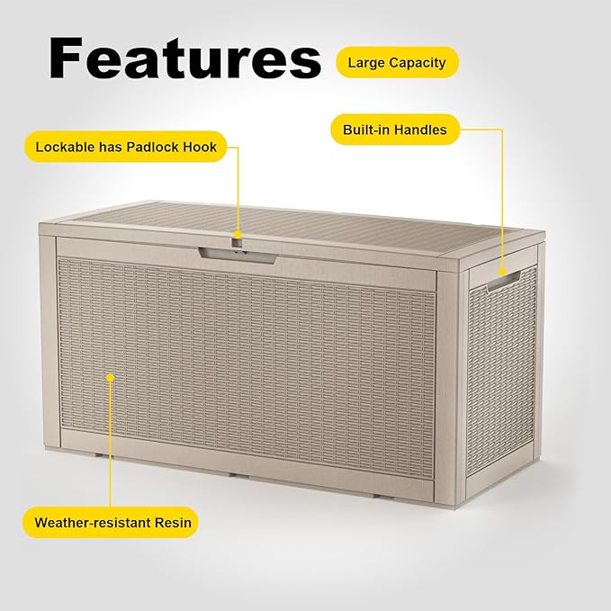 120 Gallon Deck Box Outdoor, Waterproof Outdoor Storage Boxes with Lids, Outside Resin Lockable Storage Box for Patio Cushions, Garden Tools(Grey)