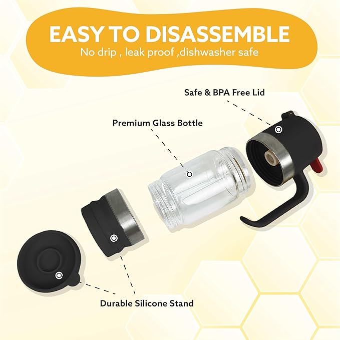 Glass Honey Dispenser, 9 OZ Honey Jar with Handle, No Drip Maple Syrup Dispenser (black)