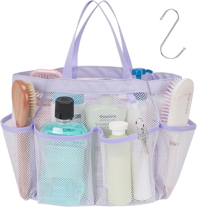 F-color Mesh Shower Caddy Portable, Upgrade Deeper 7 Pockets Shower Bag Basket Tote for College Dorm Room Toiletry Bathroom Essentials Gym Camp Quick Dry 2 handles with S Hook, Purple