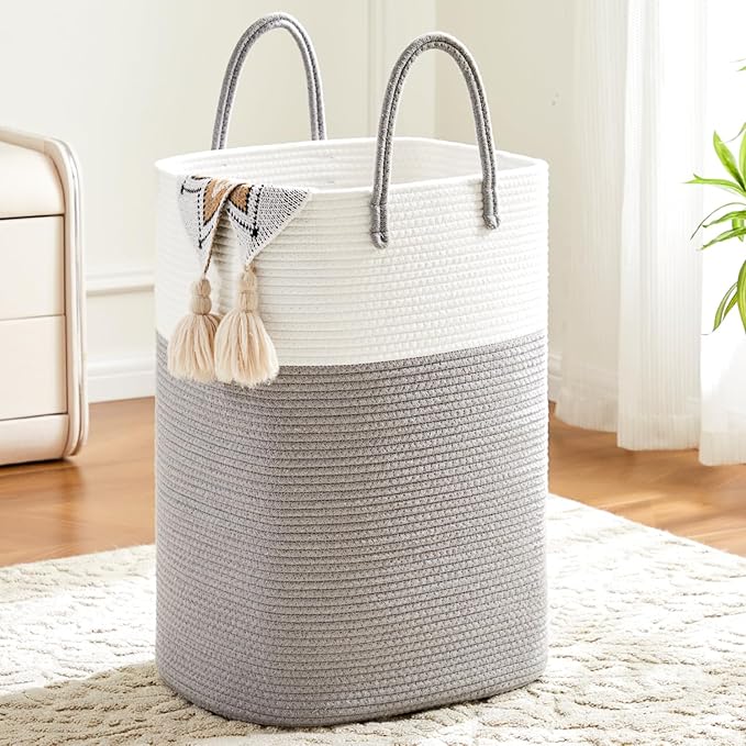 Laundry Basket,Woven Cotton Rope Laundry Hamper,Versatile Storage for Dirty Clothes,Baby Toys,and Blankets in Bathroom, Nursery,and Living Room (Grey, 100L)