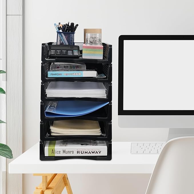 6 Pack Stackable Letter Trays, Plastic File Organizer Tray, Desktop Document File Paper Organizer, Black