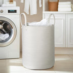 Large White Laundry Basket, 15"x18" Tall Blanket Storage Living Room, XL Cotton Rope Toy Bin for Organizing, Wicker Woven Baby Nursery Laundry Hamper with Handle, White Room Decor Aesthetic
