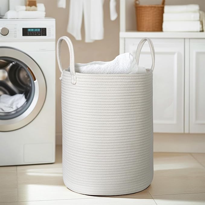 Large White Laundry Basket, 15"x18" Tall Blanket Storage Living Room, XL Cotton Rope Toy Bin for Organizing, Wicker Woven Baby Nursery Laundry Hamper with Handle, White Room Decor Aesthetic
