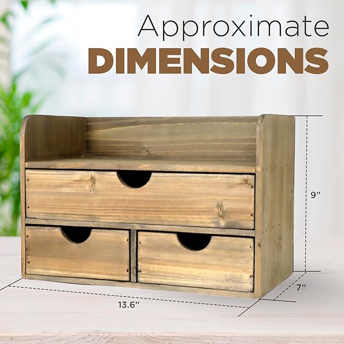 Besti Wooden Office Desk Organizer - Organizing Tool for Desktop, Cubicle, Bedroom, Kitchen - Vintage Style Organization Caddy with Top Tray Shelf & 3 Drawers - 13.6x9x7 Inches (Rustic Burnt)