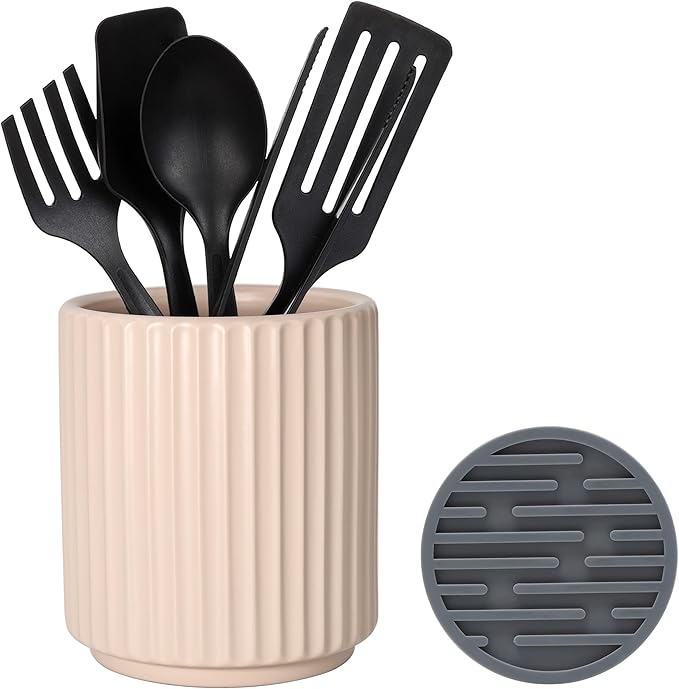 Kitchen Holder for Cooking Utensils, Kitchen Crocks for Storing Utensils (H5.51” x W4.92”), Flatware & Utensil Storage Spoon Stand Ceramic, Includes Silicone Drying Mat Milk Tea Color