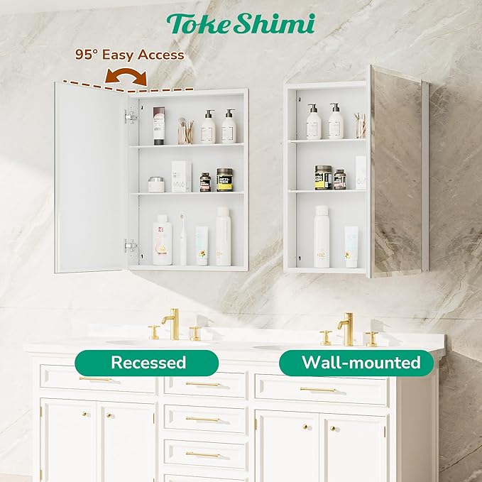 TokeShimi 20 x 26 Recessed Medicine Cabinet with Mirror, Assembly Required, Frameless Medicine Cabinet for Bathroom, Tempered Beveled Mirror, Stepless Adjustable Shelves, DTC Hinge