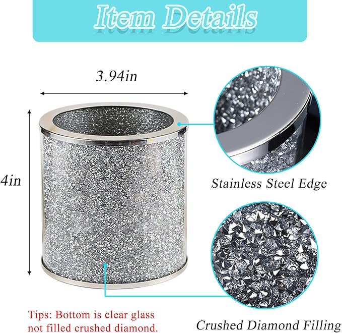 Glass Utensil Holder, Crystal Silver Utensil Makeup Brush Organizer Bling Flatware Storage Crocks for Countertop Crushed Diamond Home Decor Spoon Knife Fork Holder for Kitchen Counter