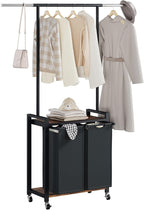 2-Section Rolling Laundry Sorter Cart with Hanging Rod & Utility Shelf, Large Capacity Lockable Wheels Laundry Hamper Basket Organizer for Laundry Room, Bathroom, Bedroom - Rustic Black