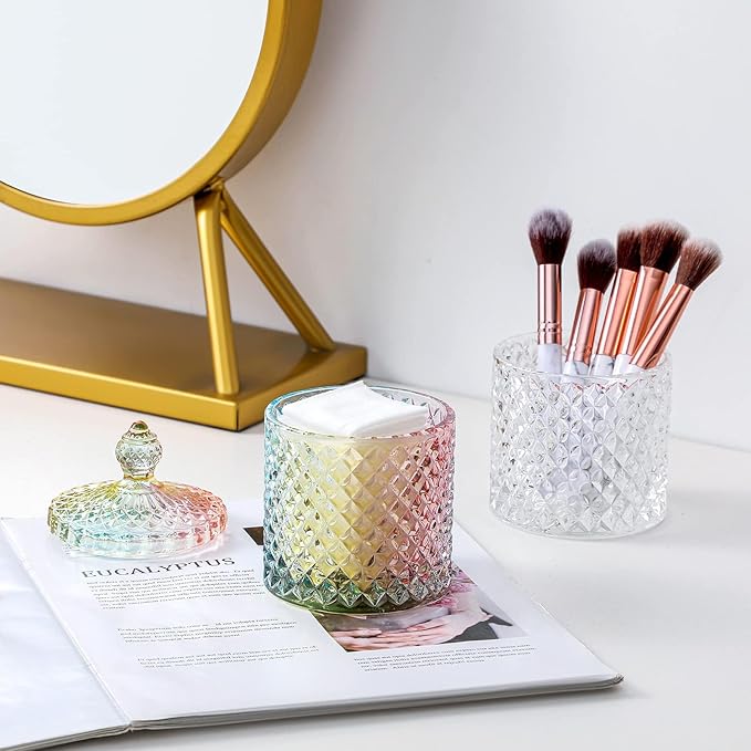 Qtip Holder Glass Apothecary Jars with Lid Bathroom Accessories Vanity Organizers and Makeup Storage for Cotton Swabs, Makeup Sponges, Bath Salts, Canister Dispenser, 2 Pack Rainbow