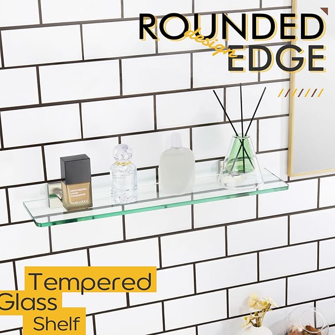 KOKOSIRI Floating Shelves Wall Mount 20-Inch Bathroom Tempered Glass Shelf Shower Storage Kitchen Rack, 2 Pack Brushed Stainless Steel B1107BR-L20-P2