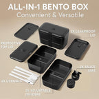 Umami Lunch Box Containers w/ 4 Utensils, 2 Sauce Jars, Nestable Space-Saving Bento Box Adult, 100% Leakproof, Microwavable Lunch Containers for Adults, Design Award Winner, Onyx Black, 50 oz