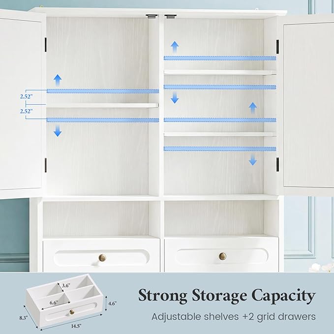 Over the Toilet Storage Cabinet with Mobile Bathroom Storage Cabinet & 3 Adjustable Shelves, Bathroom Storage Cabinet Over Toilet with 4 Section Drawers for Bathroom, Laundry Room, White