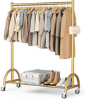 MISSLO Heavy Duty Clothing Rack with Wheels Rolling Clothes Racks for Hanging Clothes, Coats, Garment, Dress, Gold